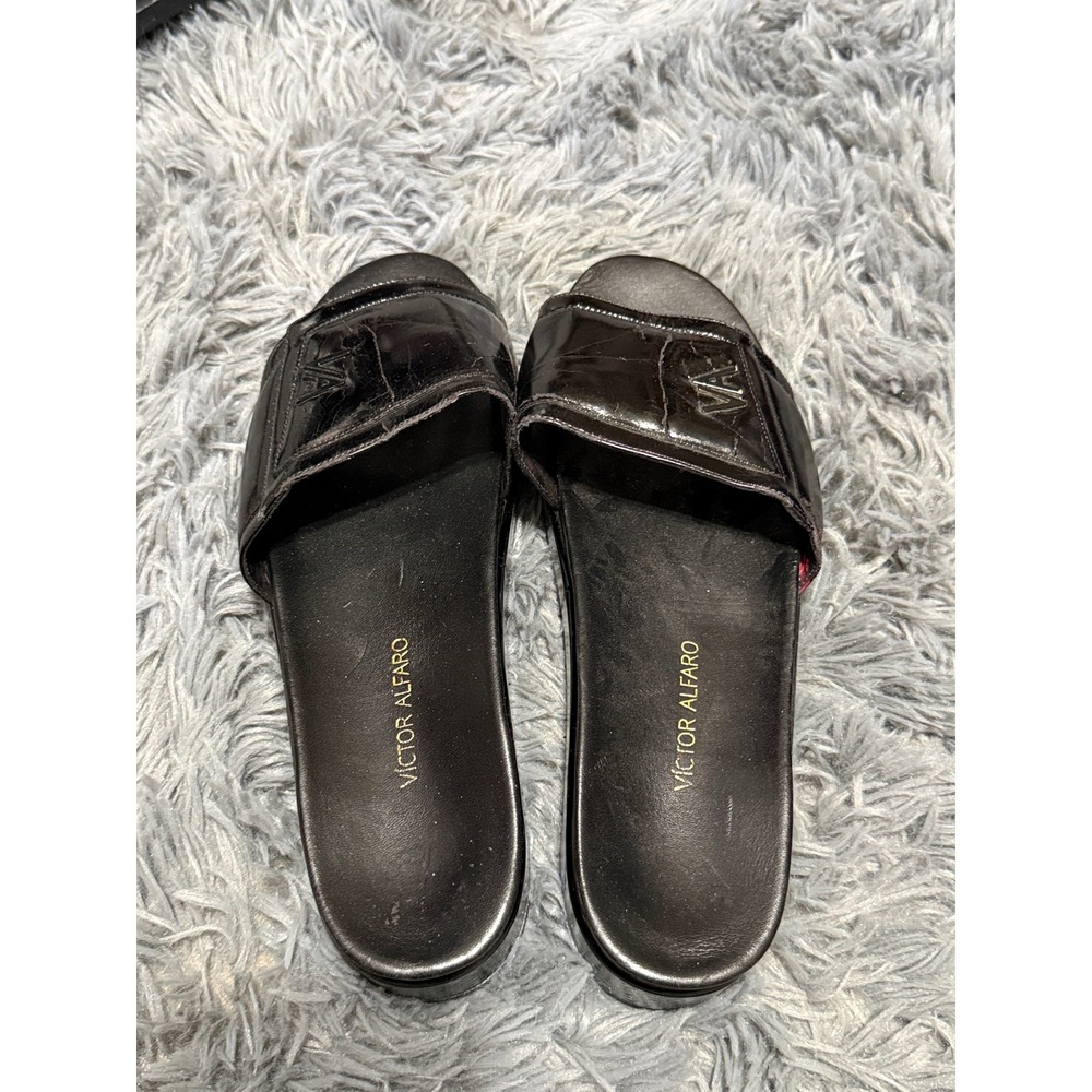 Victor Alfaro Platform Slide Sandals Womens Black Patent Leather VA Logo